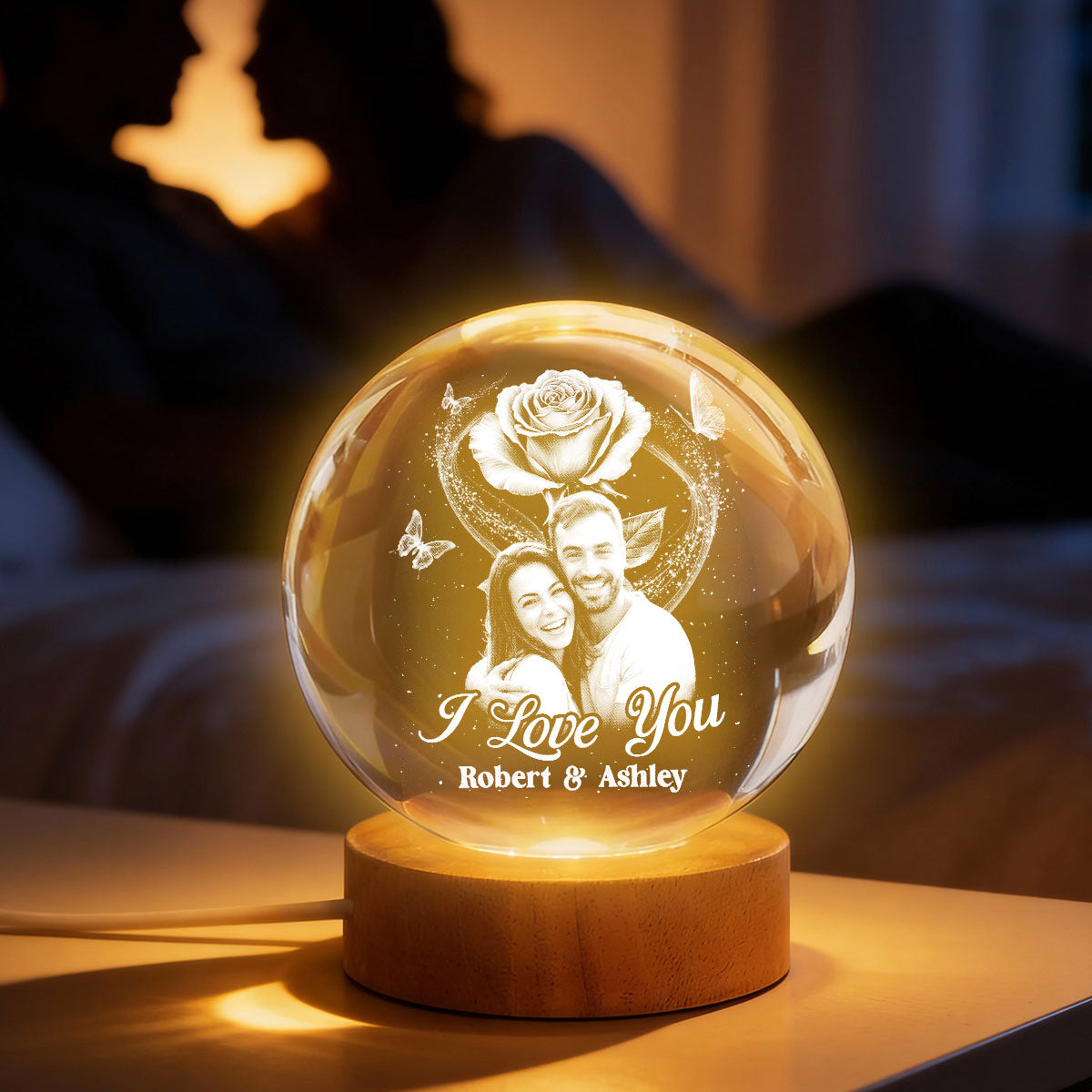 Eternal Love Rose I Love You - Personalized Crystal Ball LED Night Light - Valentine's Day Gift For Couple, For Her