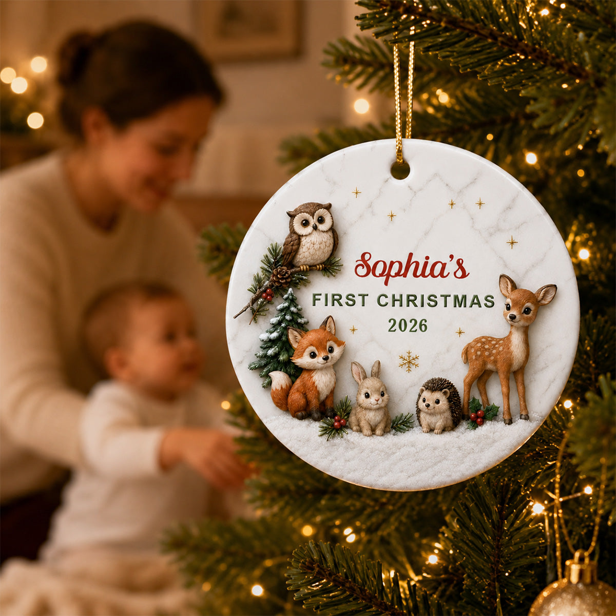 Baby First Christmas Woodland Animals 2D Flat - Personalized Ceramic Ornament - Christmas Keepsake