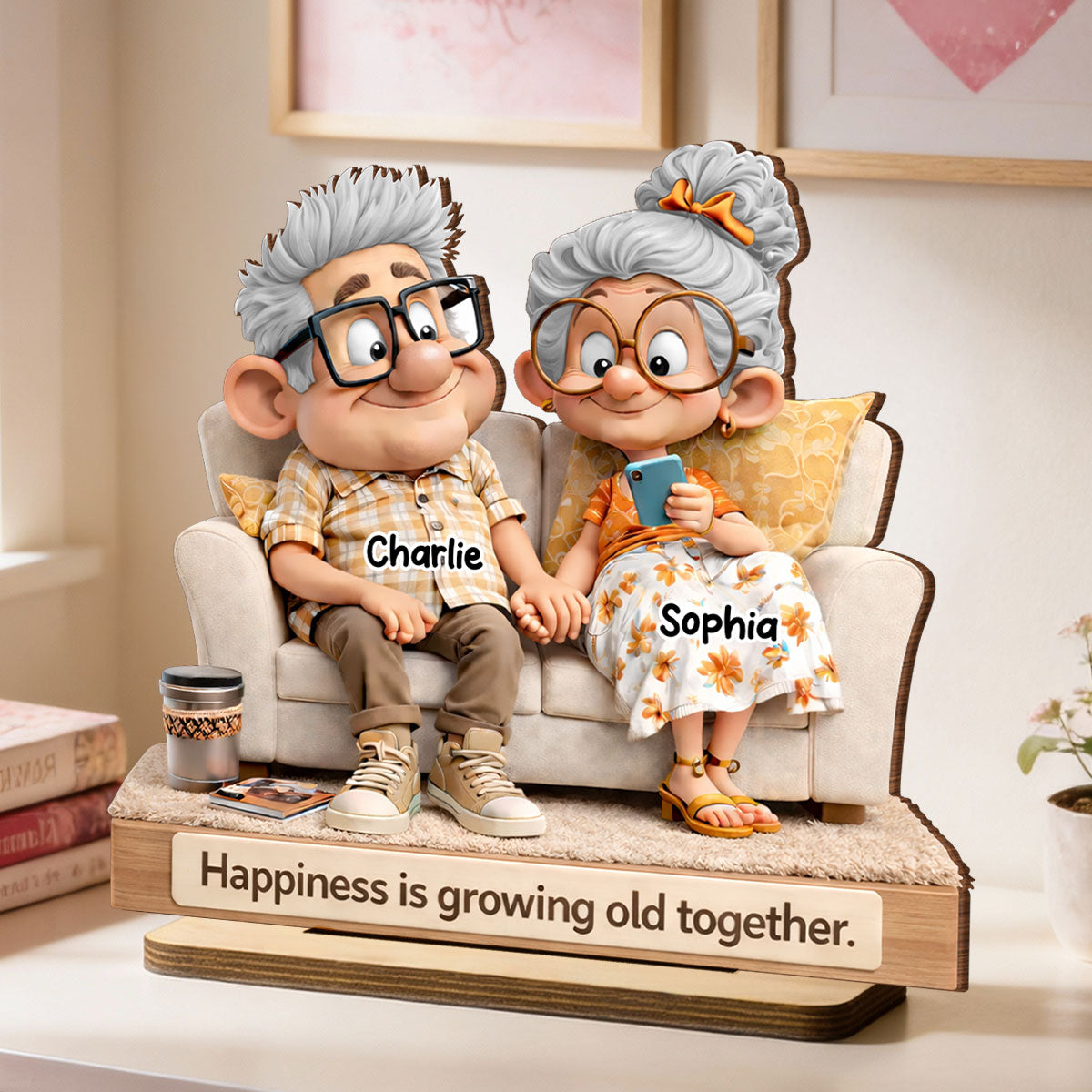Cute Senior Couple On Couch - Personalized 2-Layered Wooden Plaque - Heartfelt Anniversary, Valentine's Day Gift, Gift For Him, Gift For Her