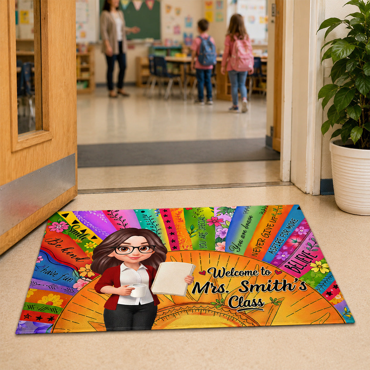 Welcome To Teacher Classroom Boho Sun Colorful Message - Personalized Doormat - Back To School Gift For Teacher