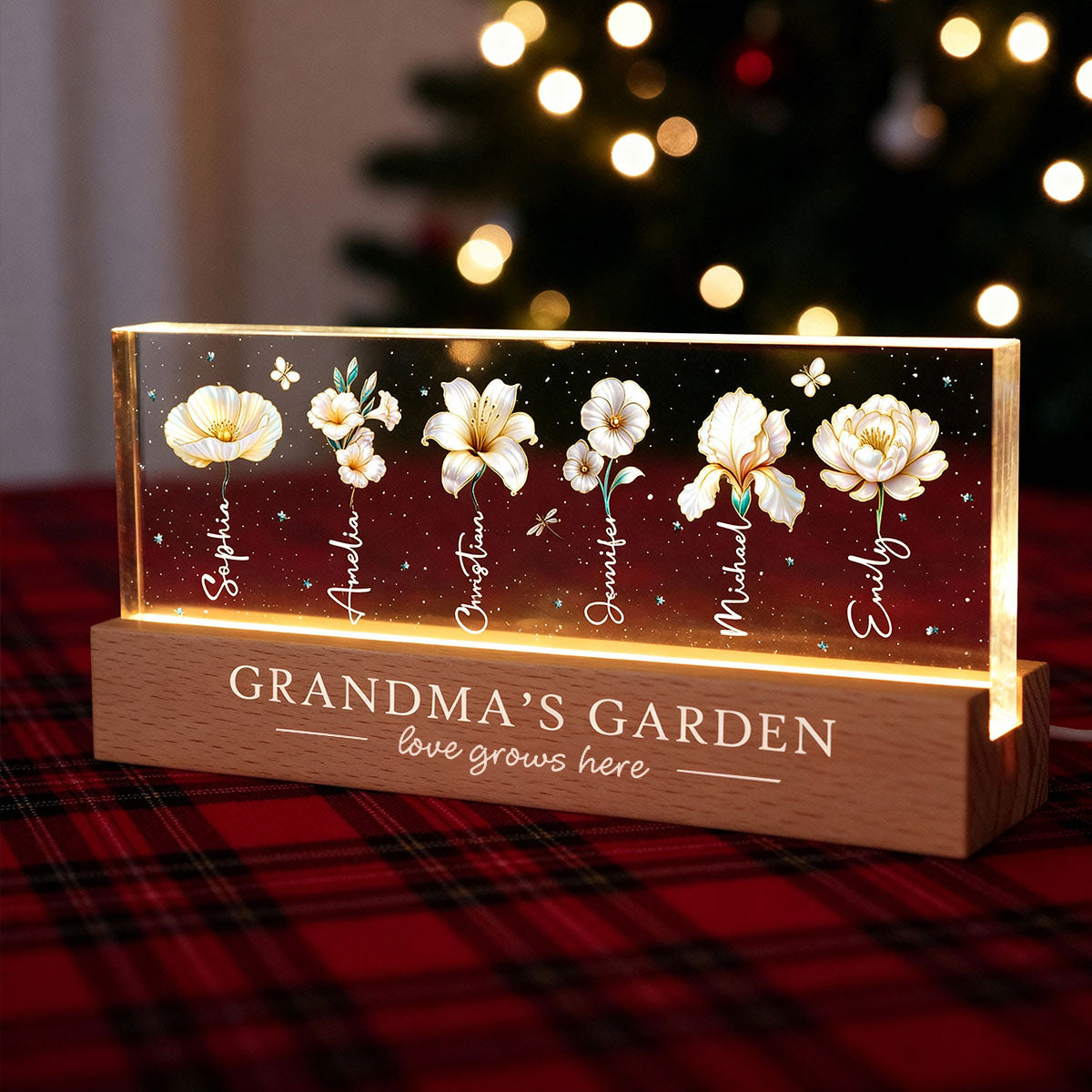 Grandma's Garden 3D Effect Birth Month Flowers - Personalized Acrylic Block LED Night Light - Gift For Grandma