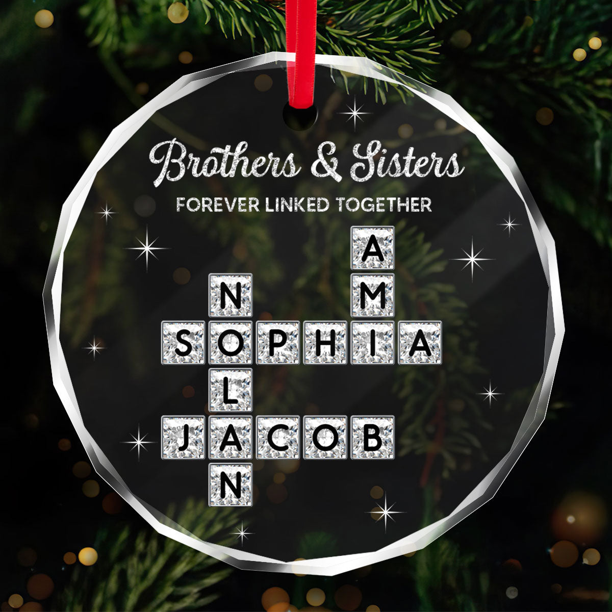 3D Shining Effect Brothers Sisters Crossword Puzzle Art - Personalized Glass Ornament - Christmas Gift For Siblings, Brothers, Sisters