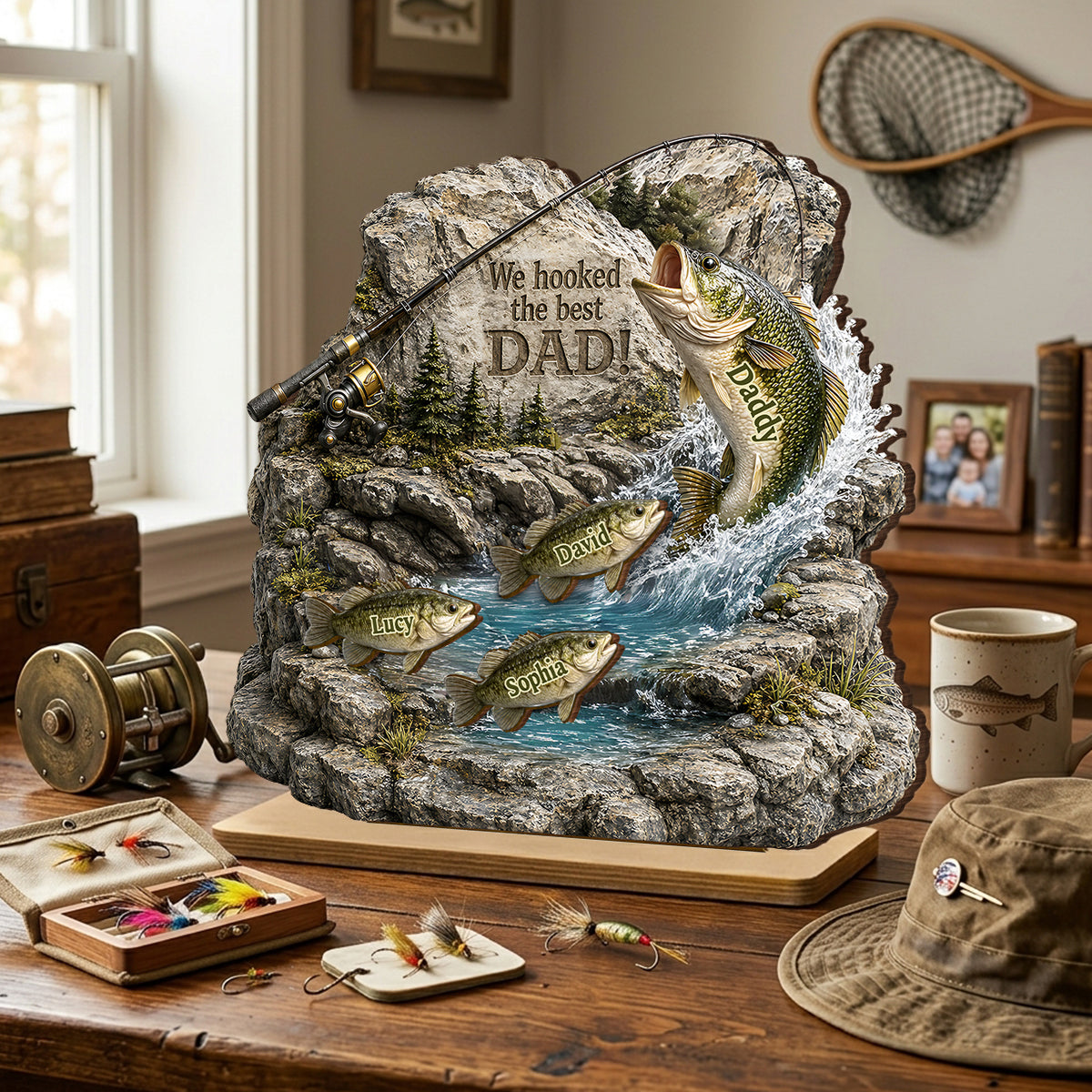 Fishing Dad And Kids Together - Personalized 2-Layered Wooden Plaque - Heartfelt Gift For Fishing Dad, Gift For Husband