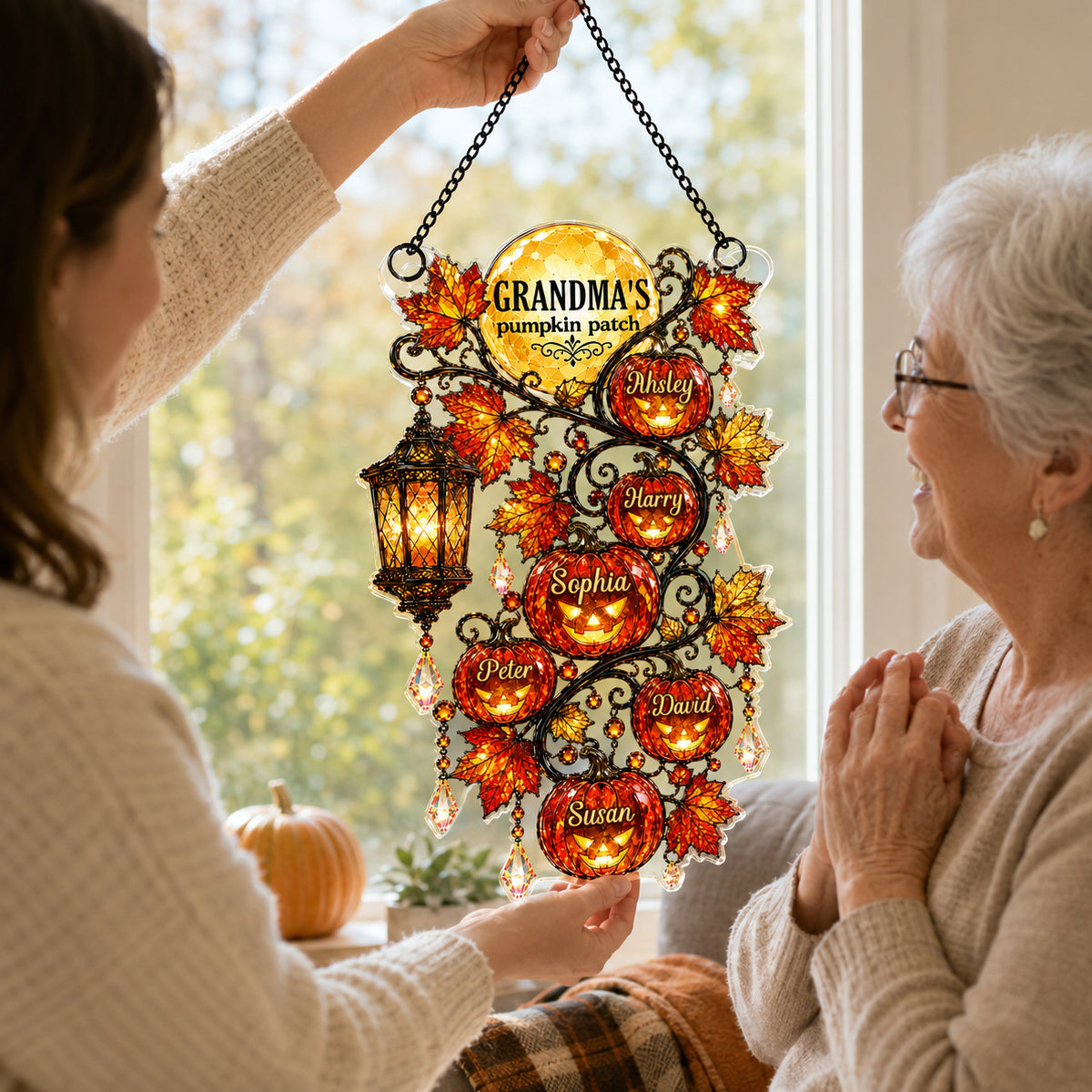 Grandma's Pumpkin Patch - Personalized Acrylic Suncatcher - Halloween Fall Decor for Grandma