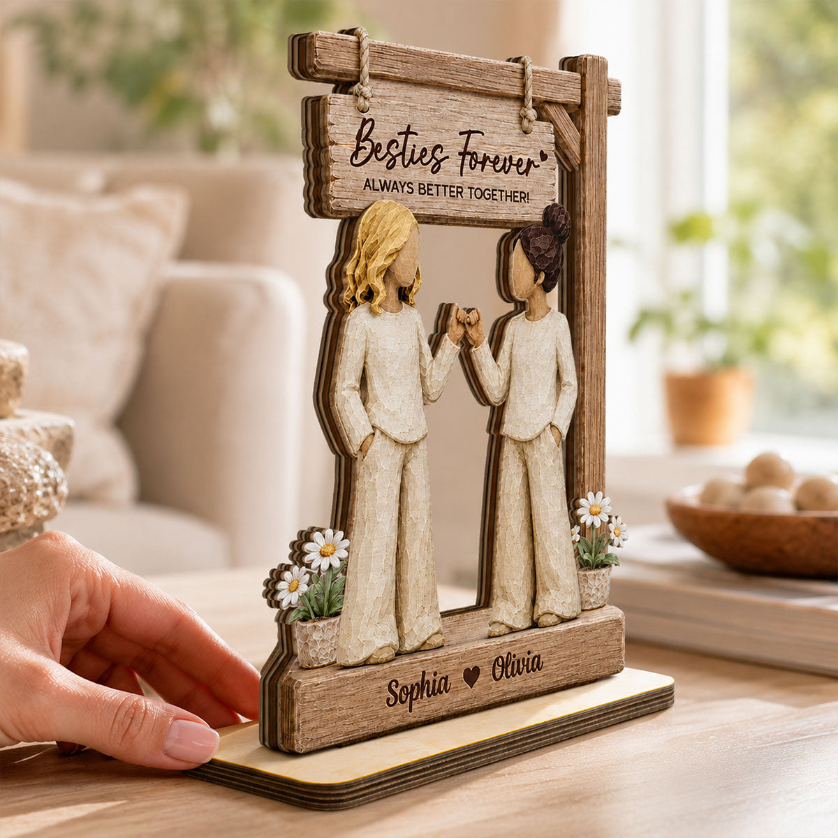 Besties Forever Pinky Promise Under Sign Post 2D Flat - Personalized 2-Layered Wooden Plaque - Friendship Keepsake