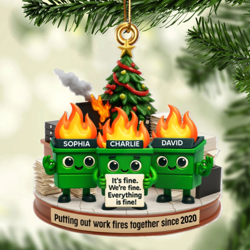 Funny Dumpster Fire Office Chaos Background - Personalized Acrylic Ornament - Funny Christmas Gift, White Elephant Gift for Coworkers