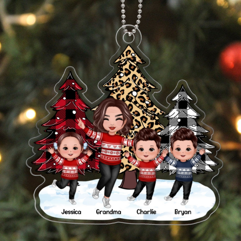 Leopard Checkered Pattern Christmas Tree Happy Grandma Grandkids Personalized Acrylic Ornament