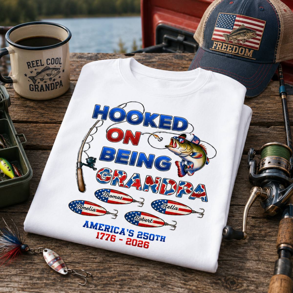 Fishing Grandpa Hooked On Freedom America 250th Anniversary - Personalized Shirt - Gift For Grandpa, 250 Years Of Freedom