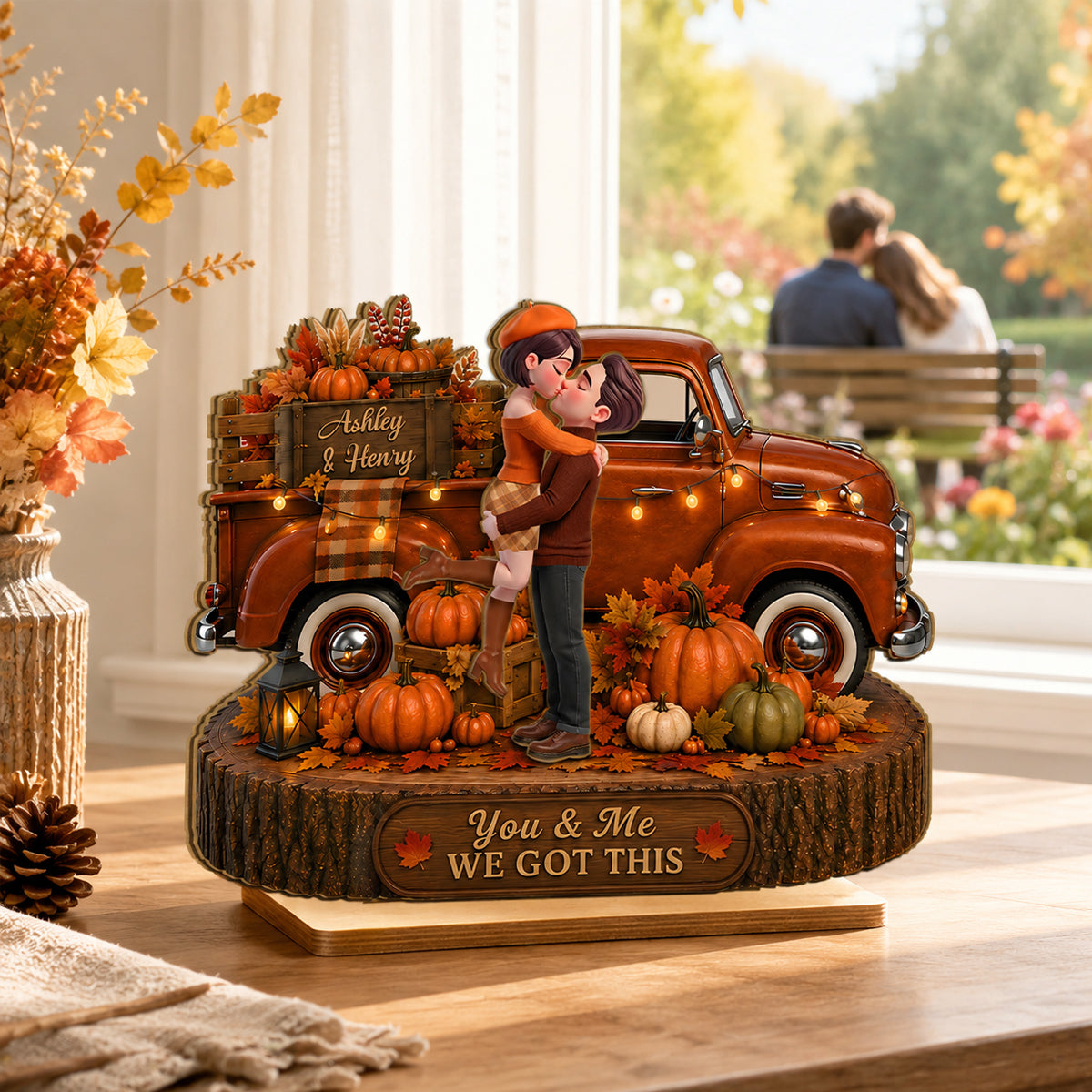 Fall Season Couple Pickup Truck - Personalized 2-Layered Wooden Plaque - Fall Season Decor Gift, Gift For Couple