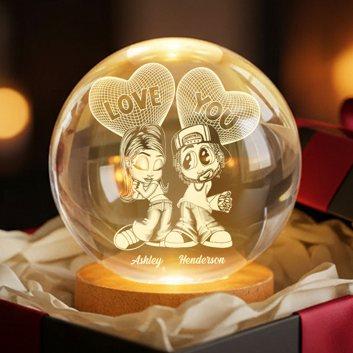 Y2K Couple 3D Illusion Heart - Personalized Crystal Ball LED Night Light - Valentine's Day Gift For Him, For Her