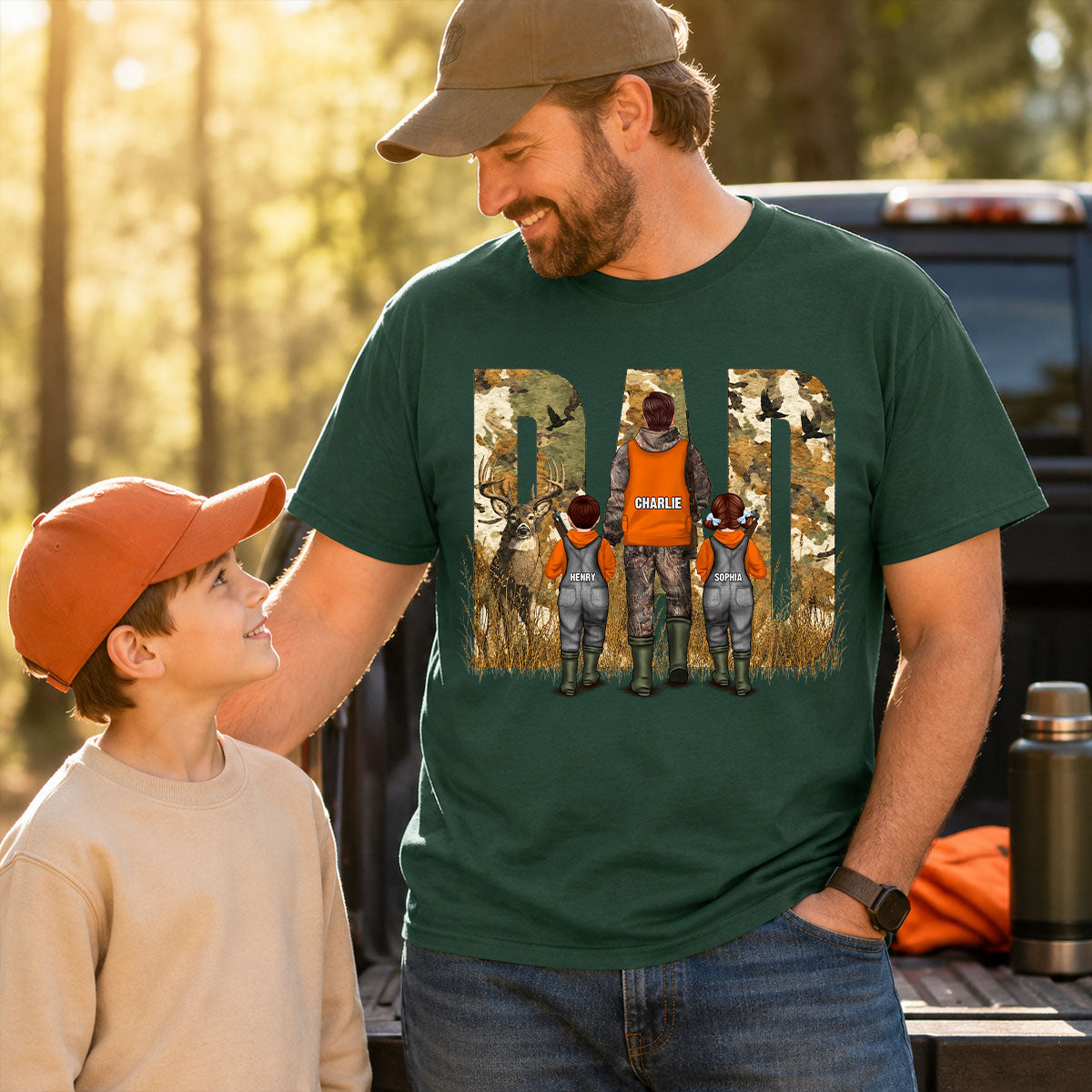 Hunting Dad & Children - Personalized Shirt - Outdoor Father's Day Gift for Dad, Husband