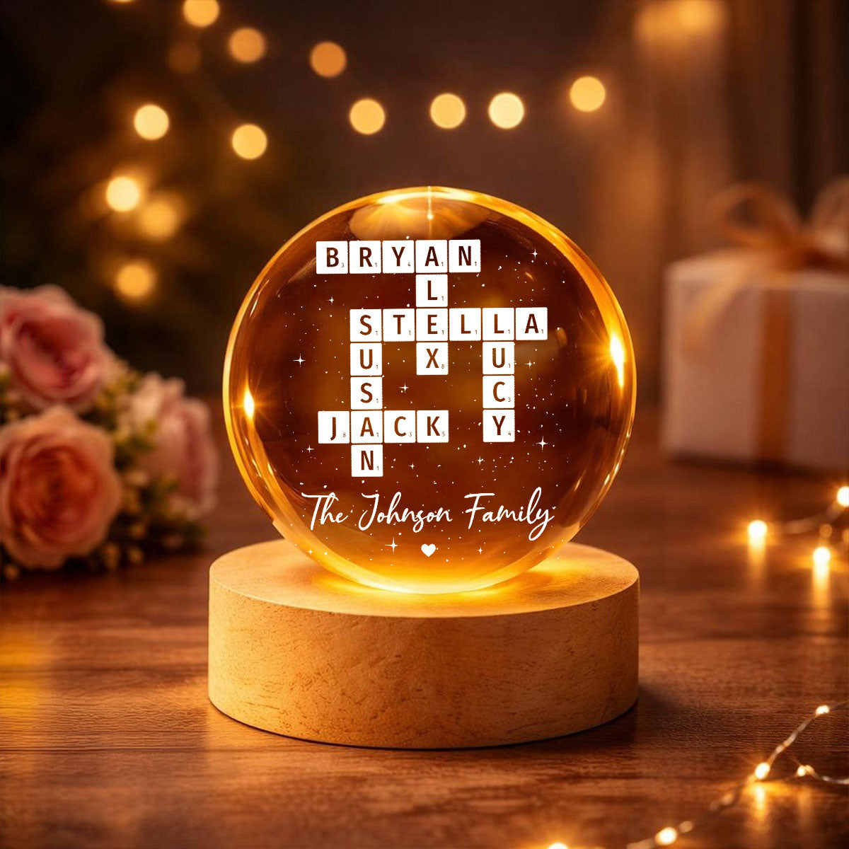 The Family Puzzle Crossword Art Home Decor - Personalized Crystal Ball LED Night Light