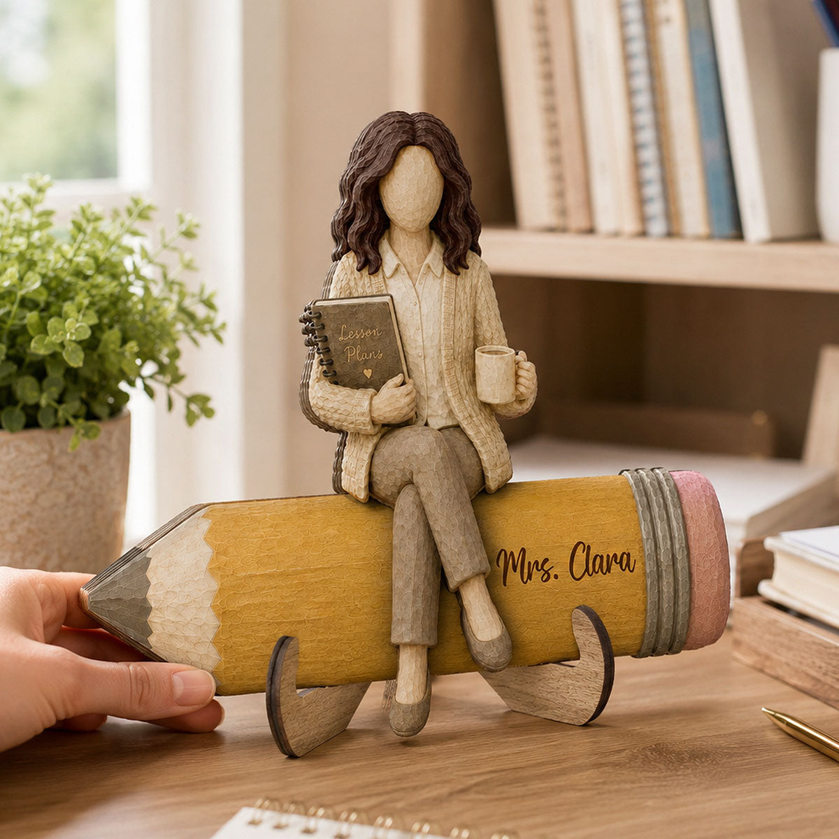 Teacher Sitting On Pencil 2D Flat - Personalized Wooden Plaque - Back To School Gift