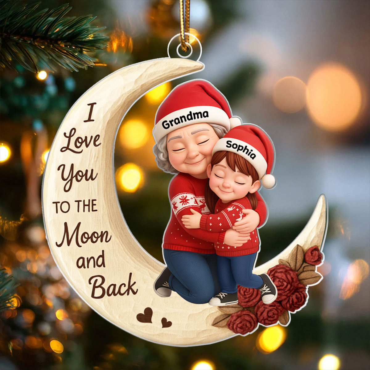 Grandma Grandkids Hugging on Moon 3D Wooden Effect - Personalized Acrylic Ornament - Christmas Gift for Grandma, Grandkids