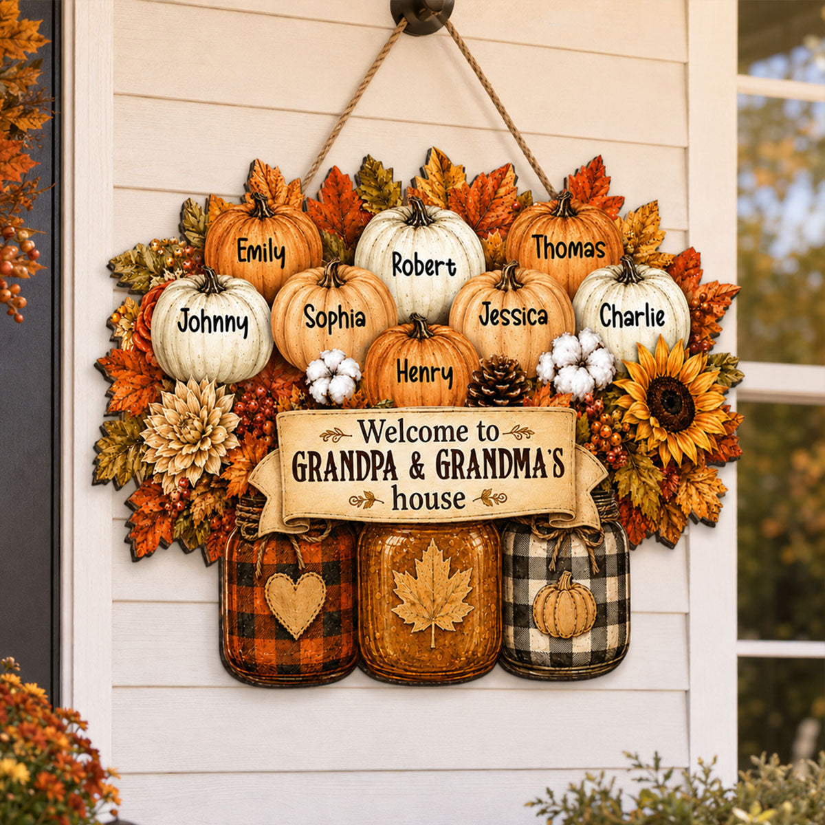 Cozy Warm Fall Season Mason Jars Pumpkins Welcome To Grandma Grandpa House - Personalized Wood Sign - Fall Decor For Grandparents (Up to 20 Grandkids)