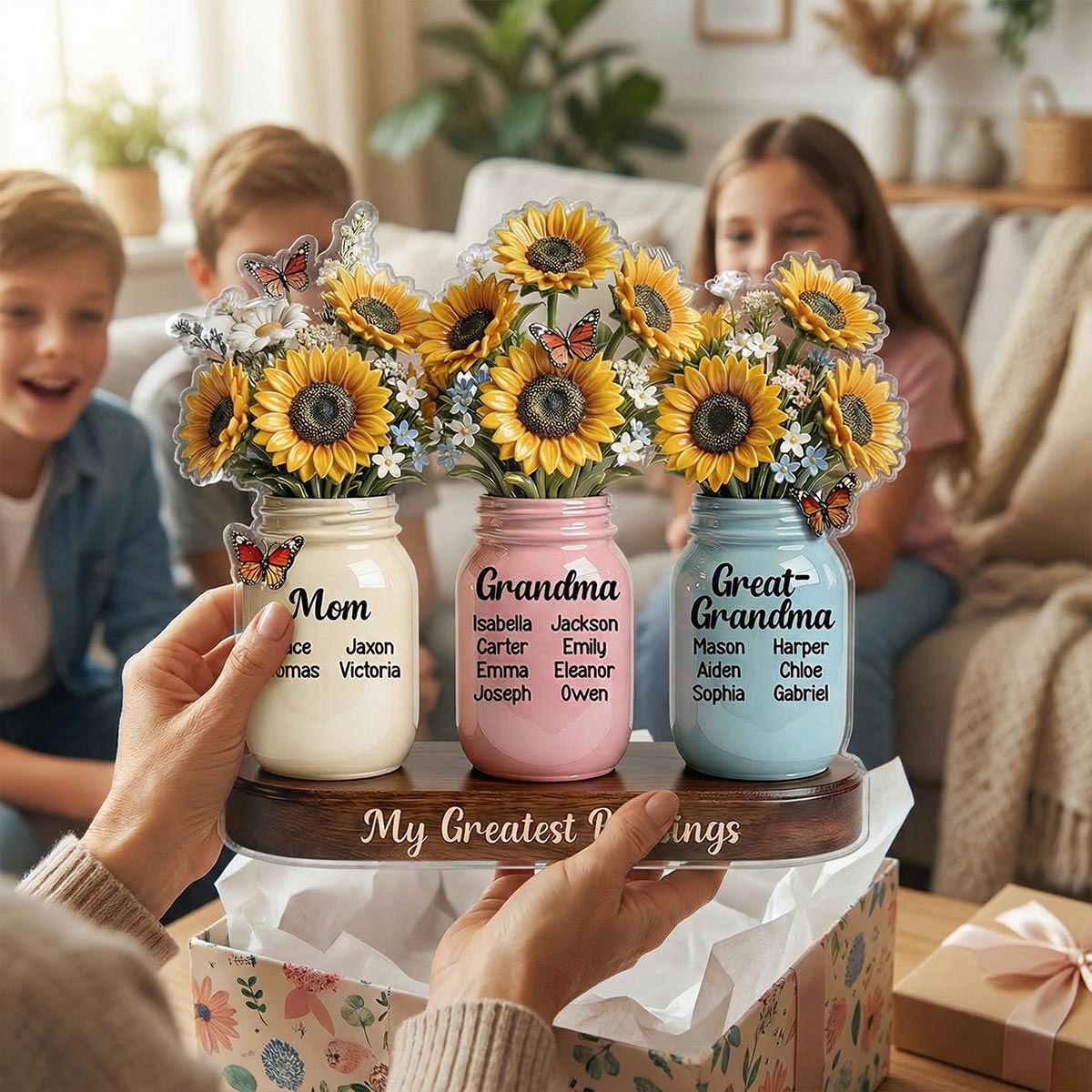 Mom Grandma Great Grandma Sunflowers Jars Custom Names 2D Flat - Personalized Acrylic Block Plaque