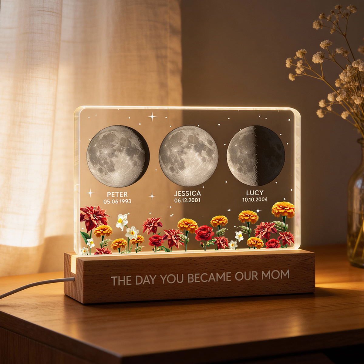 The Day You Became Our Mom Custom Moon Phase by Date - Personalized Acrylic Block LED Night Light, Custom Birth Flowers, Mother's Day Gift for Mom