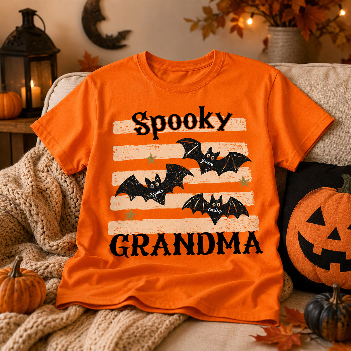 Spooky Grandma Little Bats Stripes - Personalized Shirt - Halloween Gift For Grandma