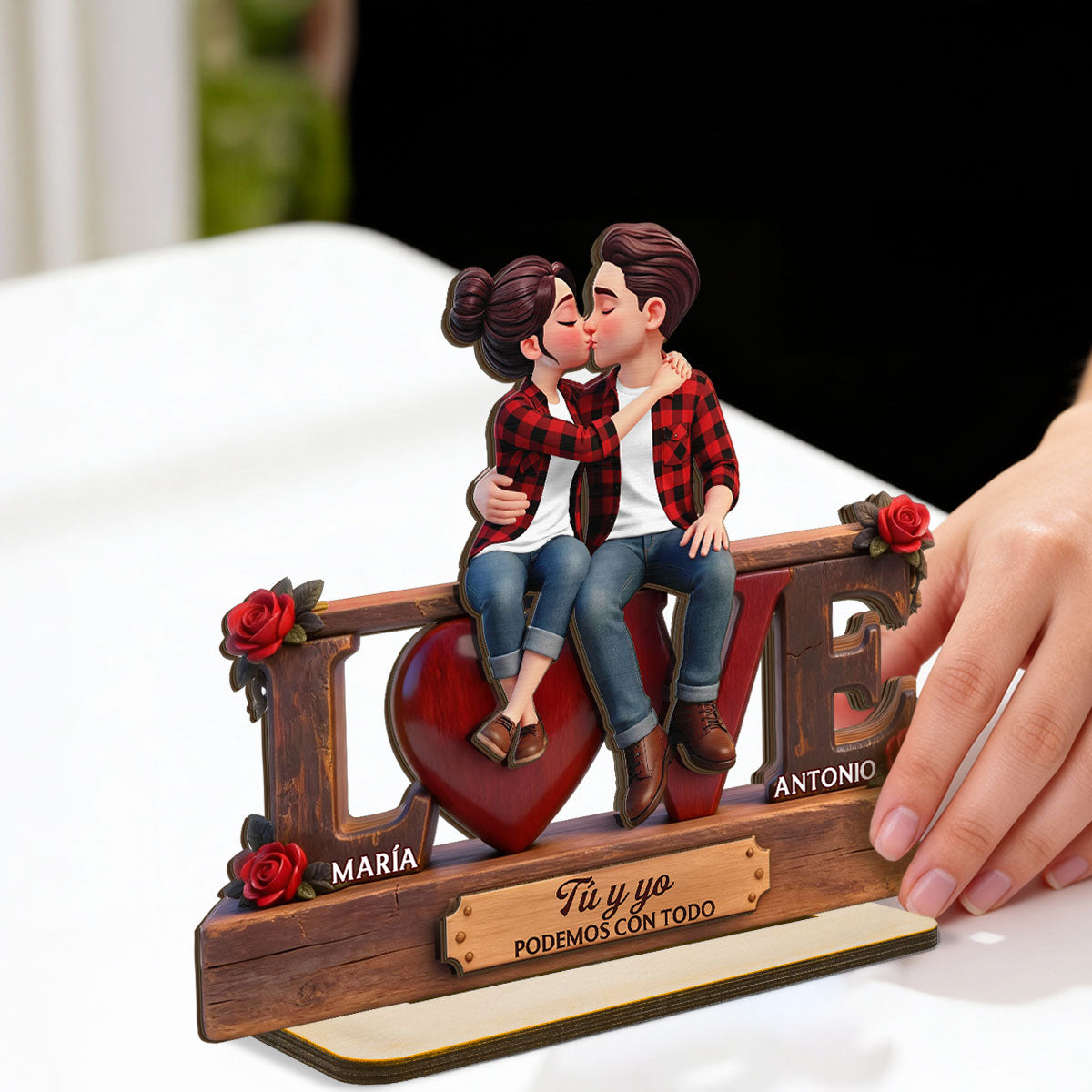 Roses LOVE Spanish Couple Sitting Kissing - Personalized 2-Layered Wooden Plaque - Heartfelt Gift For Couple