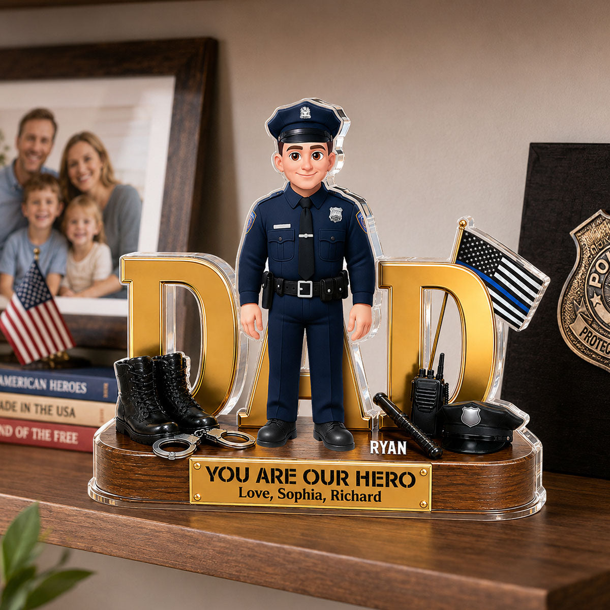 Proud American Police Dad You Are Our Hero Thin Blue Line 2D Flat - Personalized Acrylic Block Plaque -  Gift For Dad