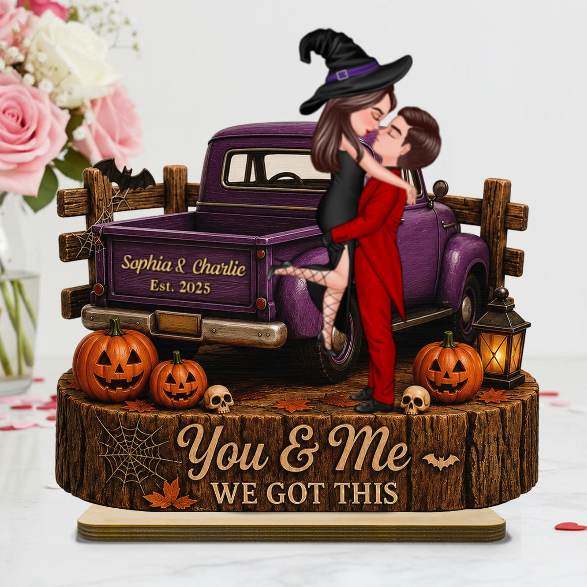 Spooky Halloween Couple Kissing - Personalized 2 Layered Wooden Plaque - Gift For Couple, Him, Her