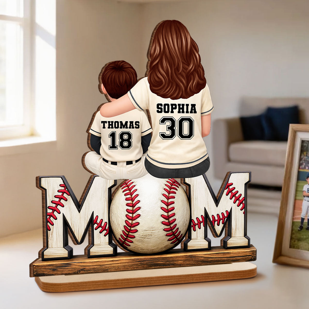 Baseball Mom and Kids Sitting Back View - Personalized 2-Layered Wooden Plaque - Heartfelt Gift for Mom