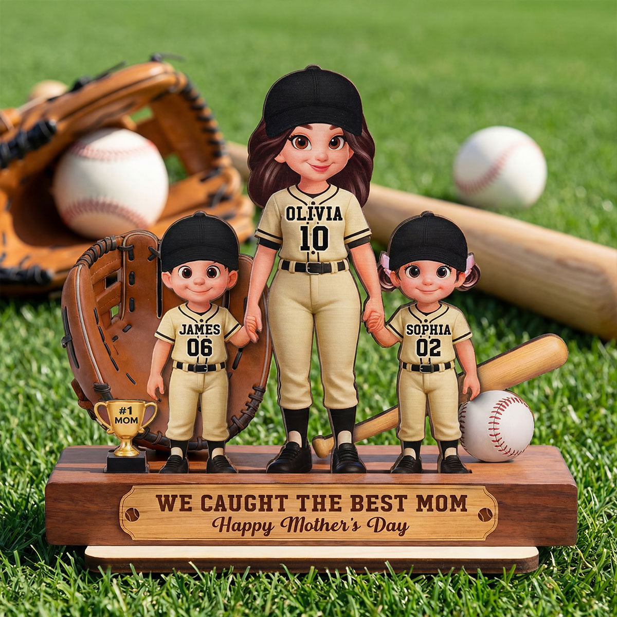 Baseball Mom And Kids We Caught The Best Mom - Personalized 2-Layered Wooden Plaque - Mother's Day Gift For Baseball Mom