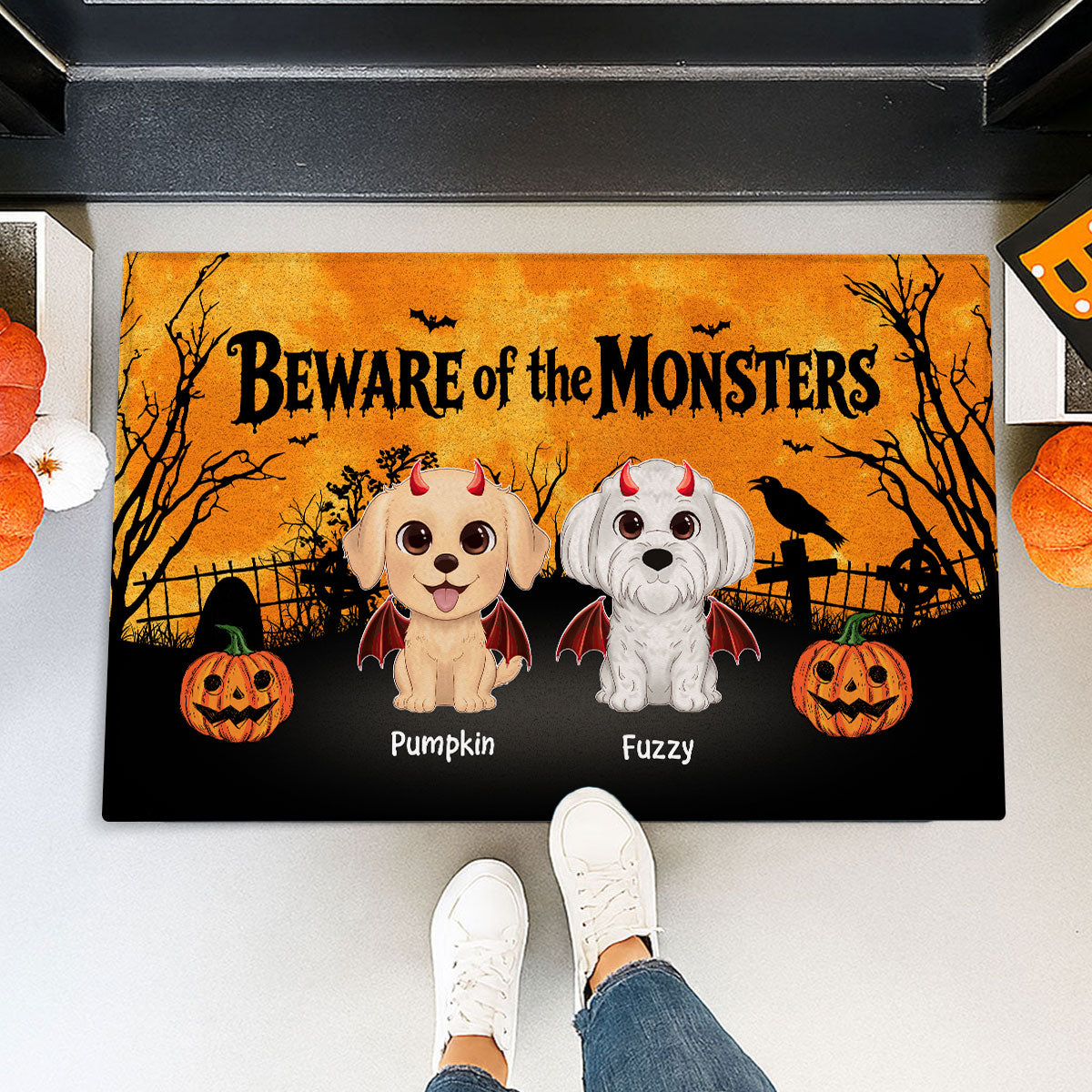 Halloween Theme Never Mind The Witch Beware Of The Dogs - Personalized Doormat - Halloween Decor For Dog Lovers