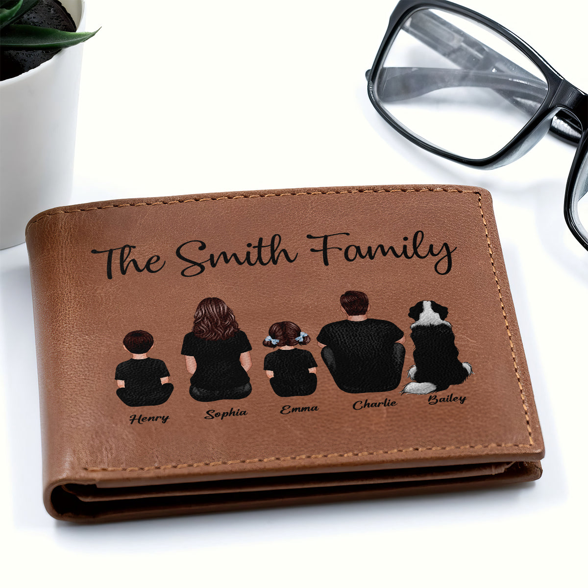 Family Sitting Together Personalized Printed Leather Wallet, Father's Day Gift, Birthday Gift For Husband, Dad, Grandpa