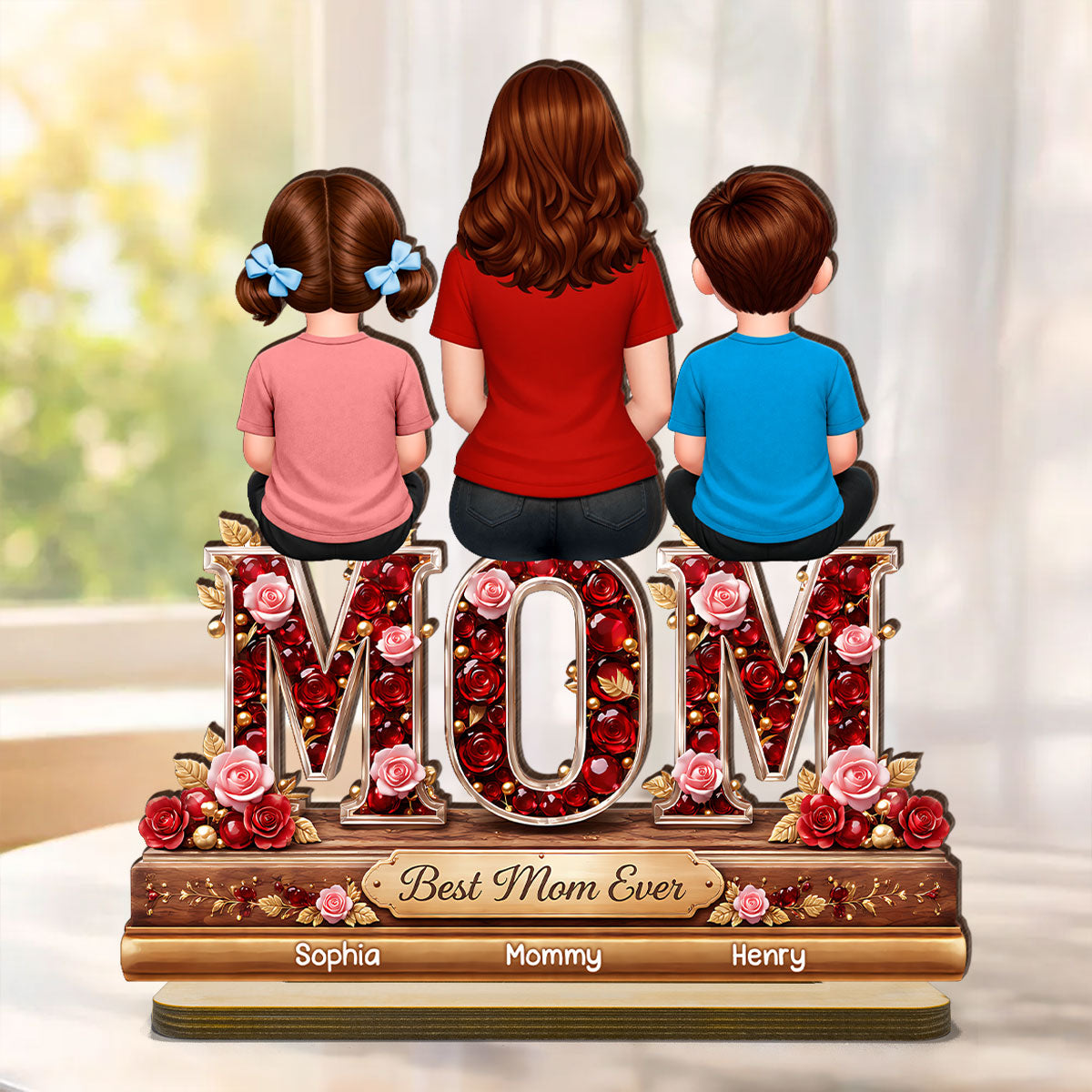 Best Mom Ever Mom Daughters Sons Back View - Personalized 2-Layered Wooden Plaque - Heartfelt Gift For Mom, Grandma