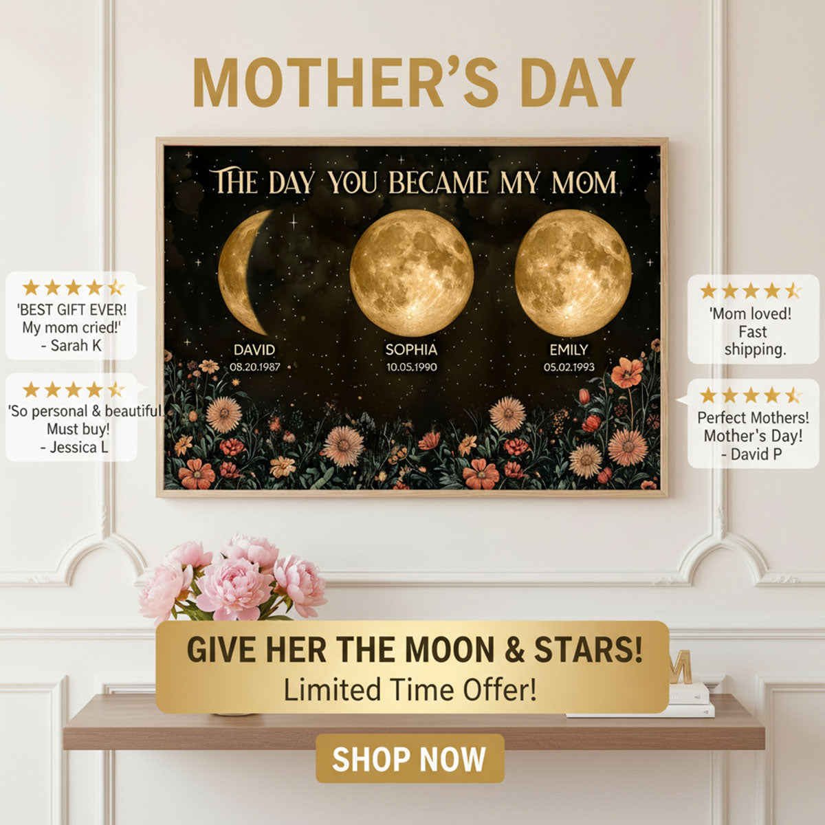 Vintage Flowers The Day You Became Mom Grandma Custom Birth Moon Phase - Personalized Poster, Mother's Day Gift For Mom, Grandma
