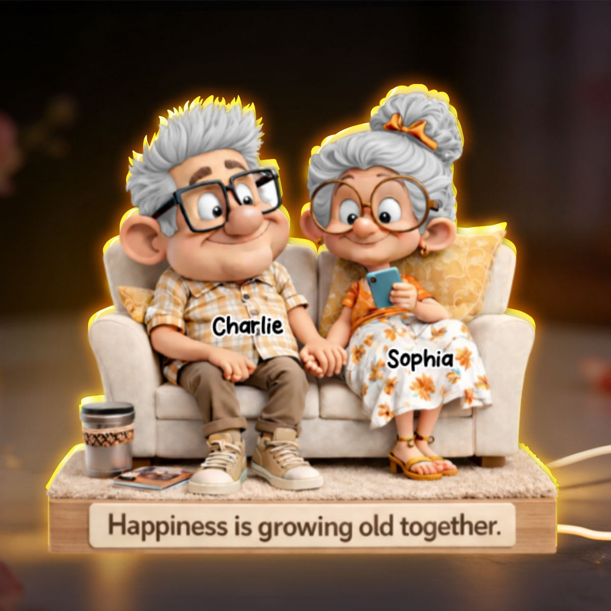 Cute Senior Couple On Couch - Personalized Light Box - Heartfelt Anniversary, Valentine's Day Gift, Gift For Him, Gift For Her