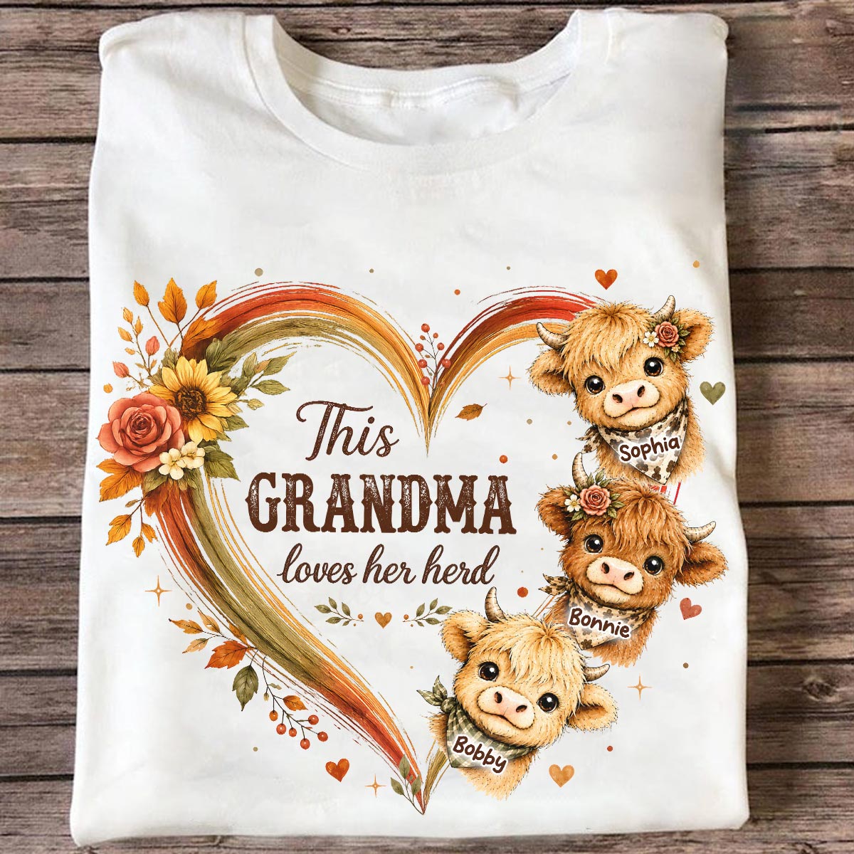 Grandma Herd Heart Highland Cow - Personalized Shirt - Cozy Fall Shirt for Grandma