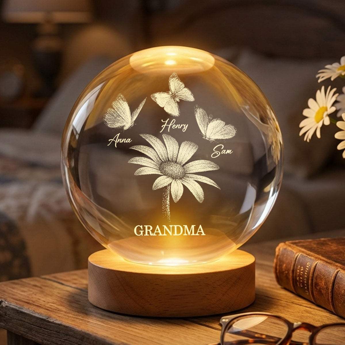 Daisy Flower Butterflies Grandma Grandkids - Personalized Crystal Ball LED Night Light - Mother's Day Gift For Grandma