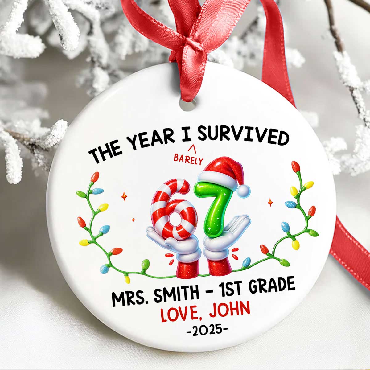 Funny Kids Six Seven Christmas -  Personalized Ceramic Ornament - 2025 Slang Christmas, Funny Teen Grandkid Ornament, Gen Alpha Christmas Gift - 67 Gift