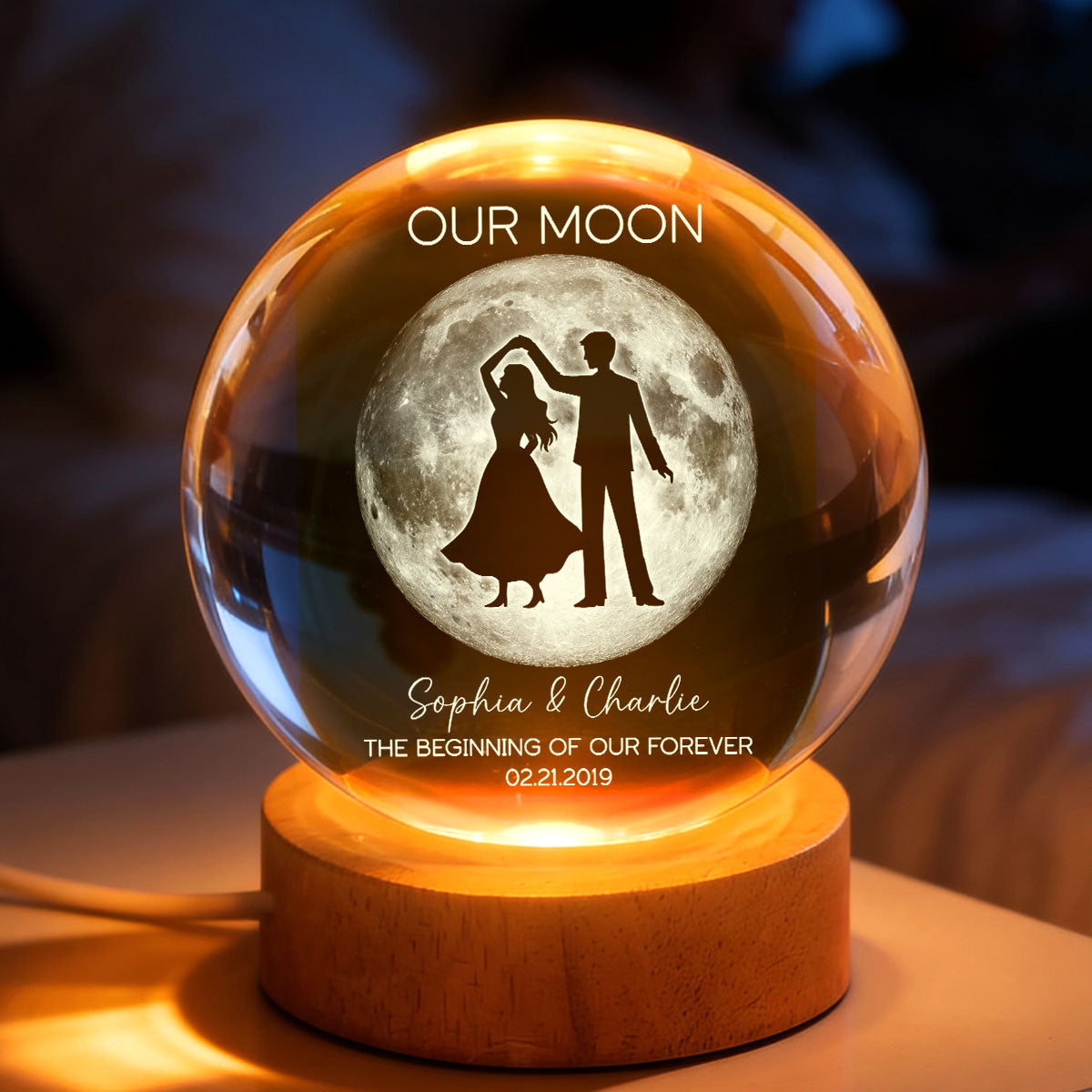 Couple Dancing in the Moonlight, Custom Moon Phase by Date - Personalized Crystal Ball LED Night Light, Sentimental Valentine's Day Gift for Her, for Him