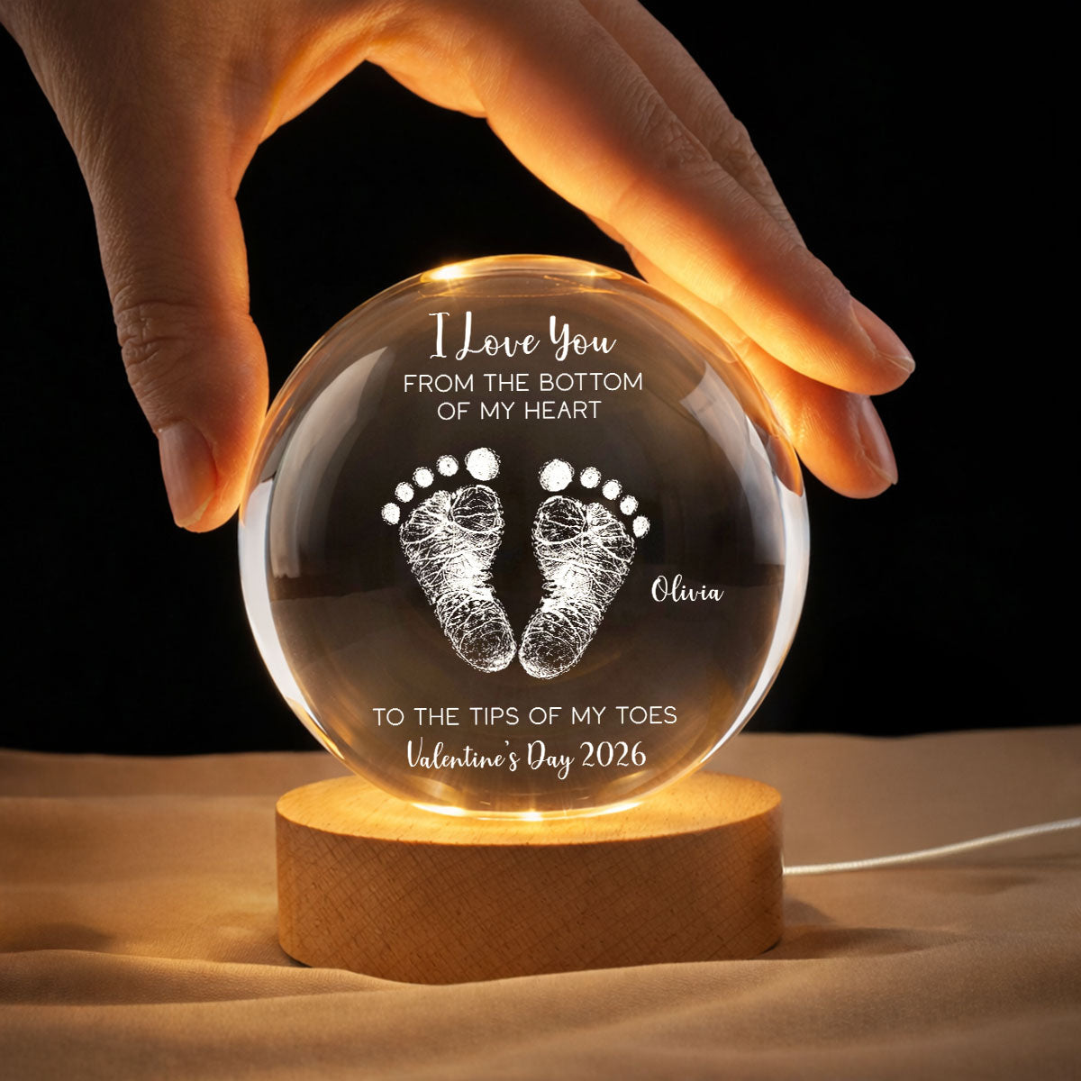 Valentine Kids Footprint Sign - Personalized Crystal Ball LED Night Light - Anniversary, Valentine's Day Gift, Gift For Him, Gift For Her