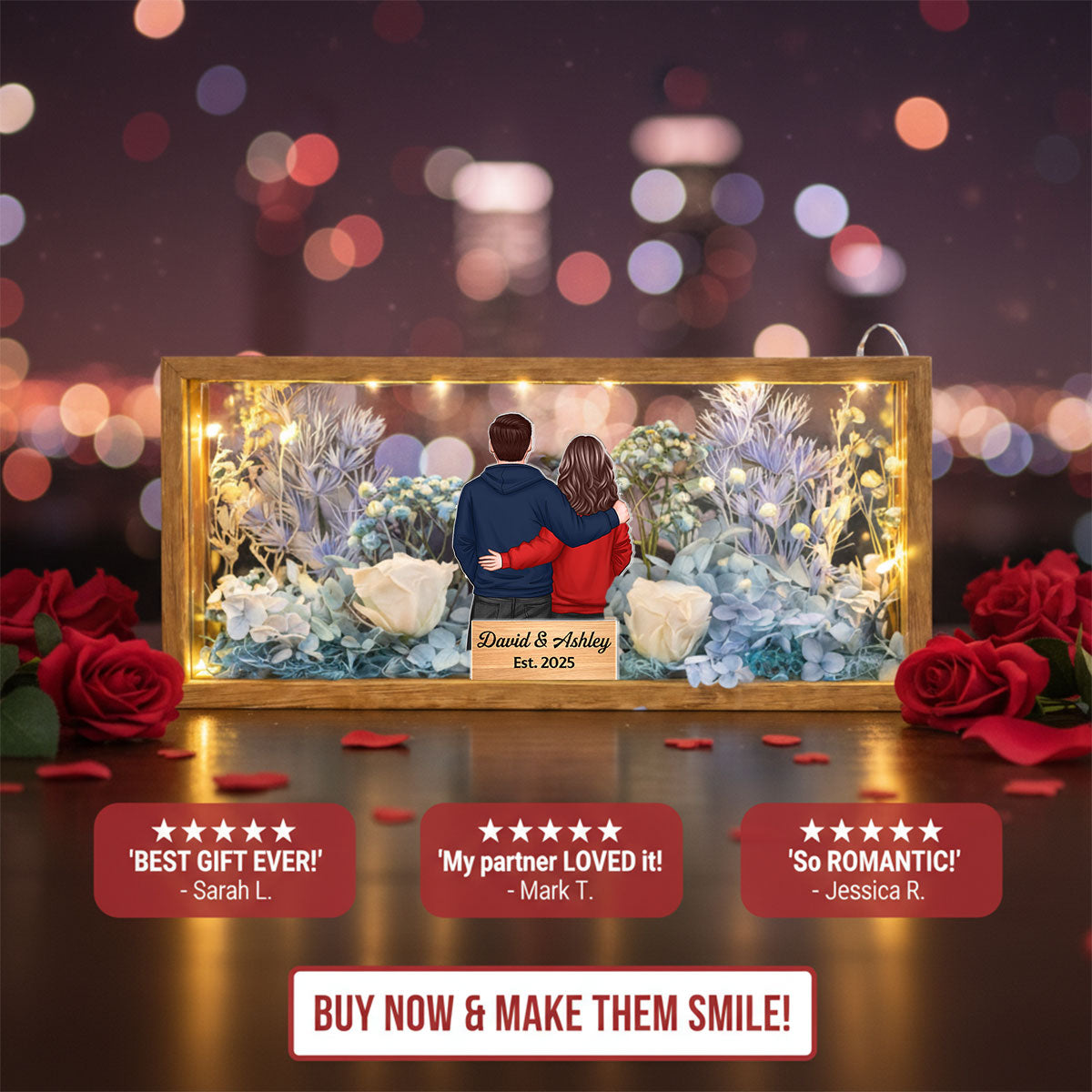 Eternal Love Back View Couple - Personalized DIY Flower Shadow Box LED Night Light - Gift For Couple, For Him, For Her