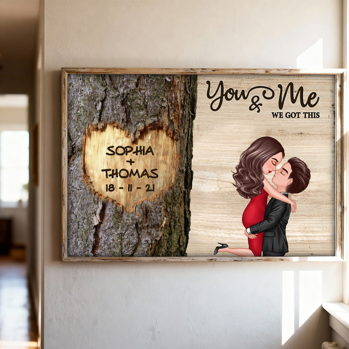 Couple Hugging Kissing Heart Carved Tree - Personalized Poster - Anniversary Gift, Valentine's Gift For Him, For Her