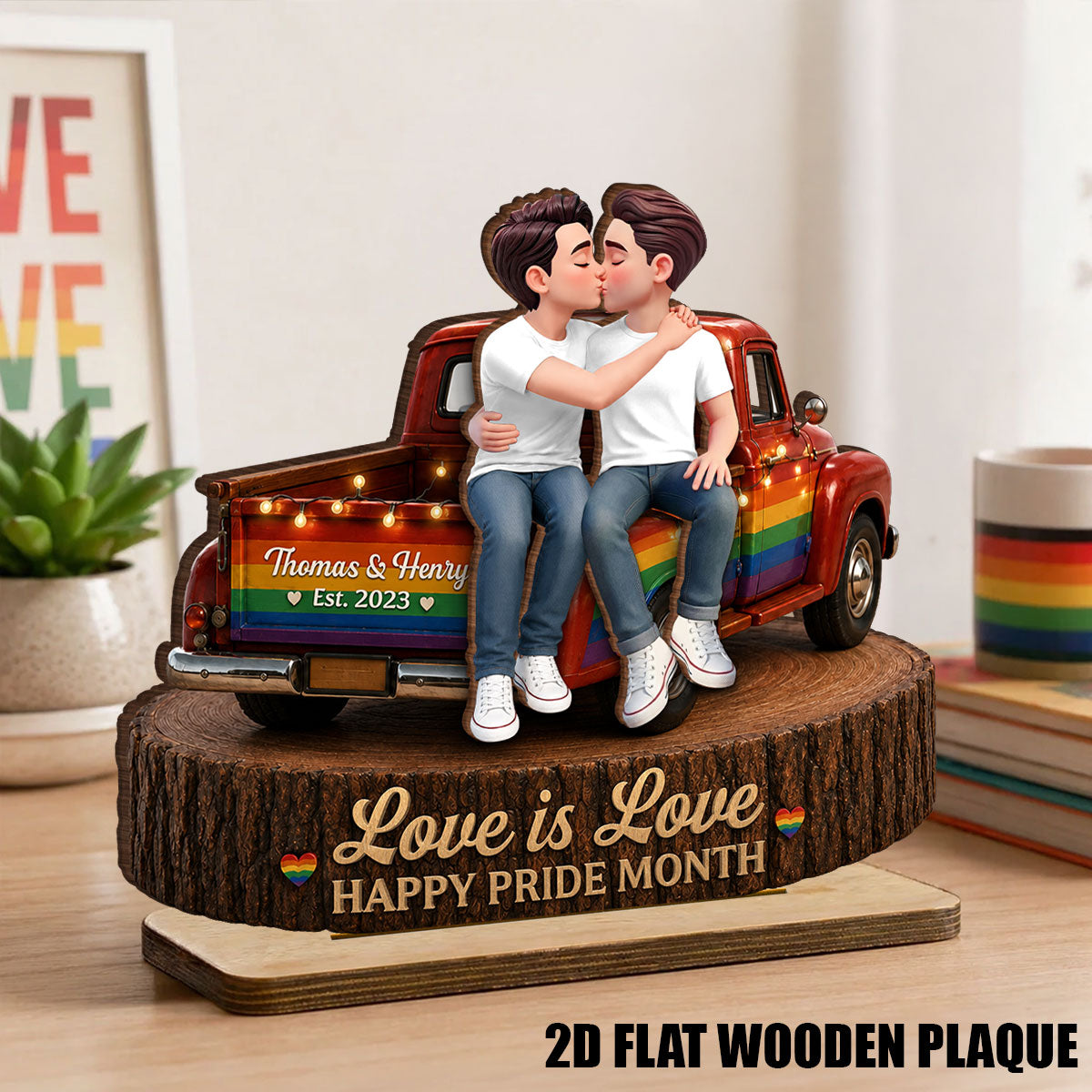 LGBT+ Couple Truck Love Is Love - Personalized 2-Layered Wooden Plaque - Gift For Couple, Happy Pride Month