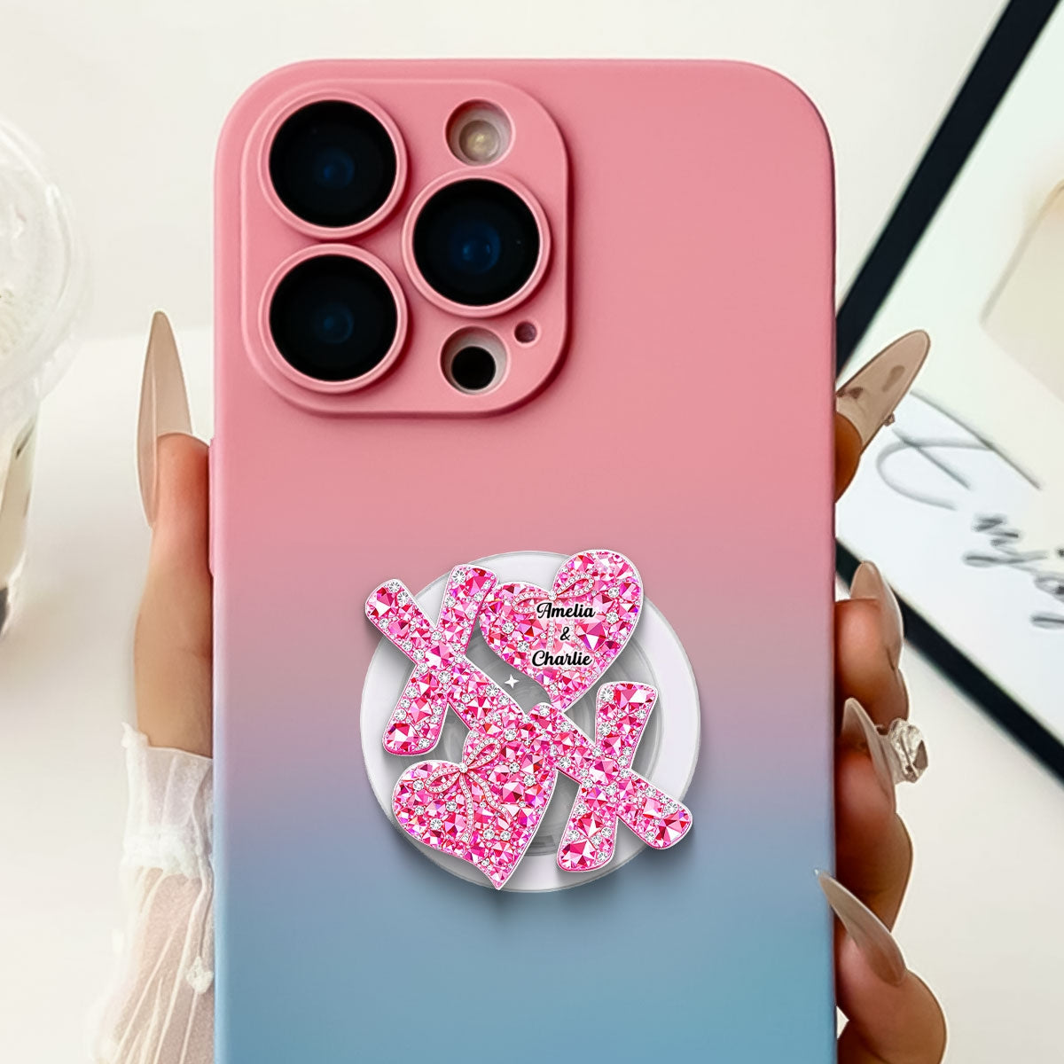 3D Effect Valentine Heart XOXO - Personalized Acrylic Magnetic Phone Grip - Anniversary, Valentine's Day Gift, Gift For Her