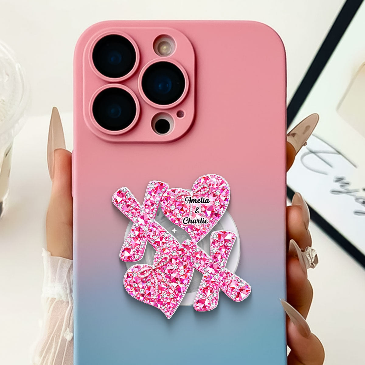 3D Effect Valentine Heart XOXO - Personalized Acrylic Magnetic Phone Grip - Anniversary, Valentine's Day Gift, Gift For Her