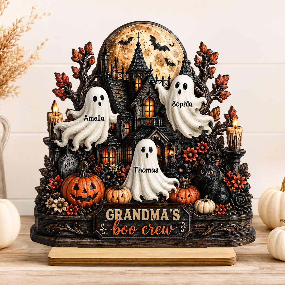 Grandma's Boo Crew - Personalized 2-Layered Wooden Plaque - Halloween Decor for Grandma