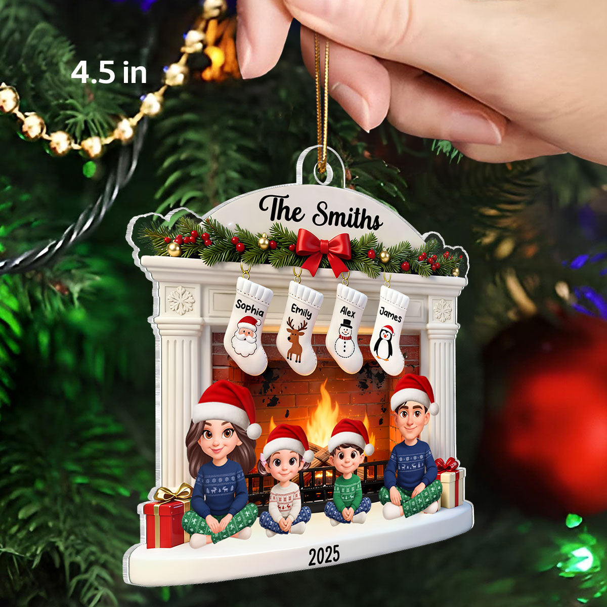 3D Effect Christmas Festive Christmas Fireplace Beautiful Family Together - Personalized Acrylic Ornament - Gift For Family