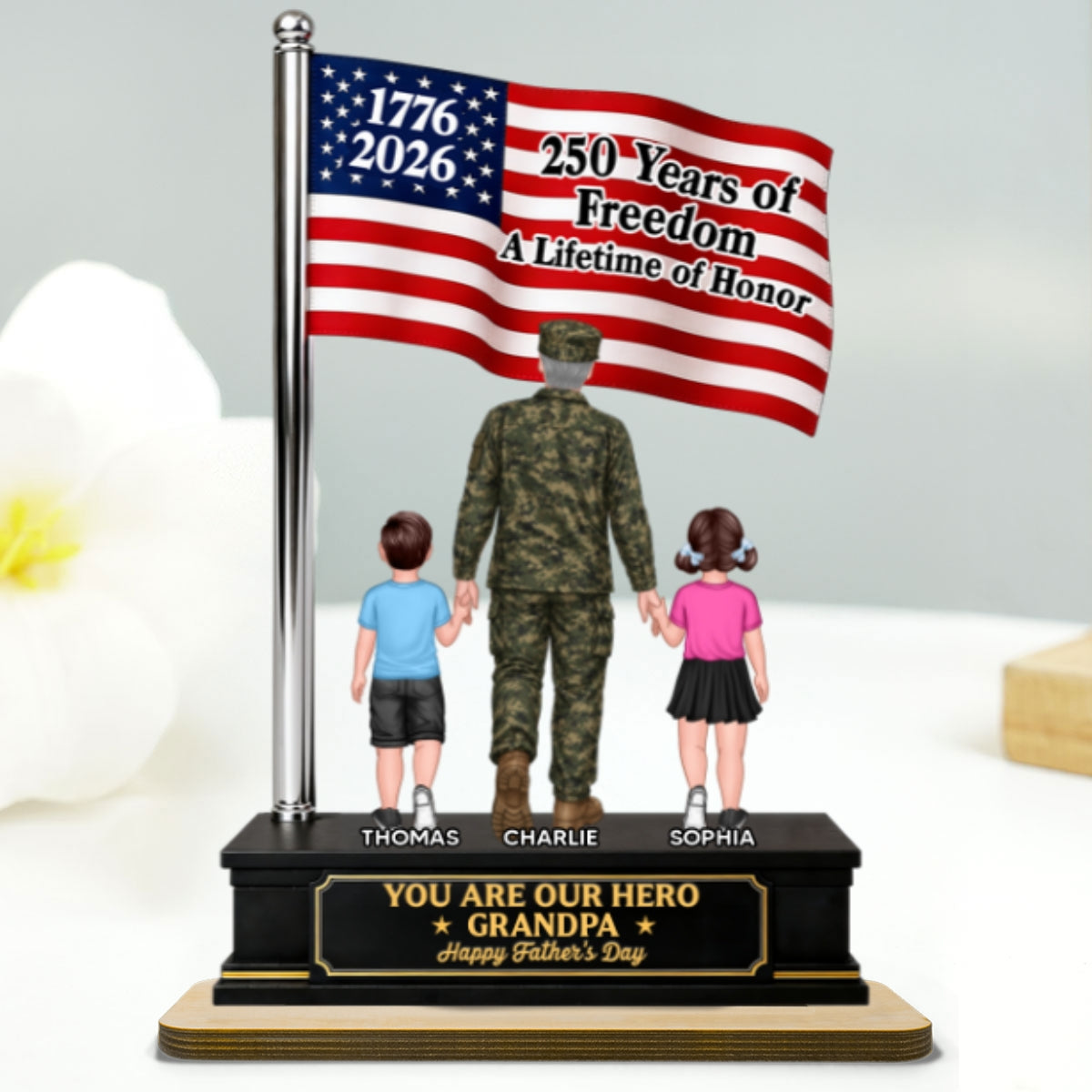 Proud American Military Veteran Grandpa Dad America 250th Anniversary - Personalized 2-Layered Wooden Plaque -  Gift For Dad, Grandpa Husband