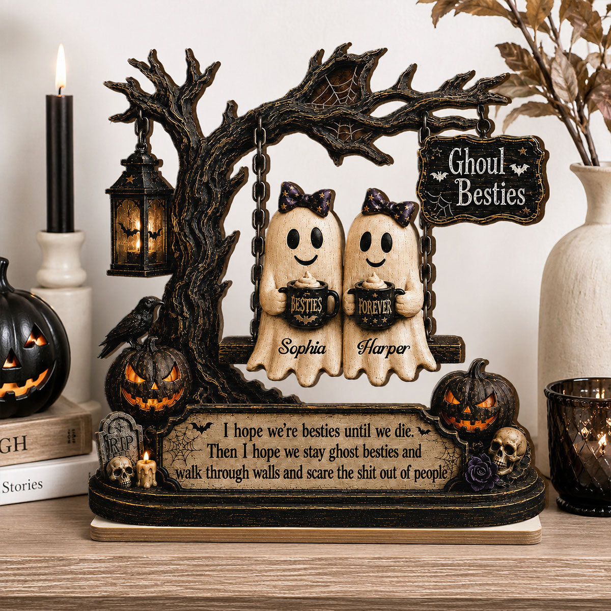 Ghost Besties On Swing Friends Until We Die 2D Flat - Personalized 2-Layered Wooden Plaque - Funny Work Bestie Gift, Halloween Keepsake For Best Friends
