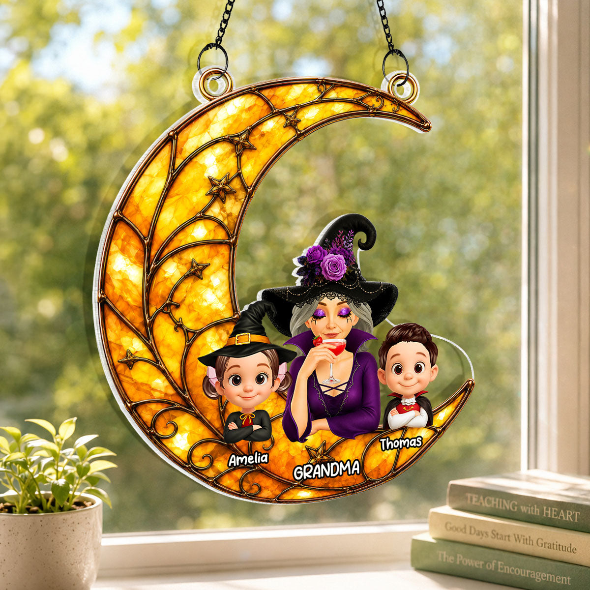 Halloween Moon Grandma Witch Grandkids - Personalized Acrylic Window Hanging - Halloween Gift For Grandma