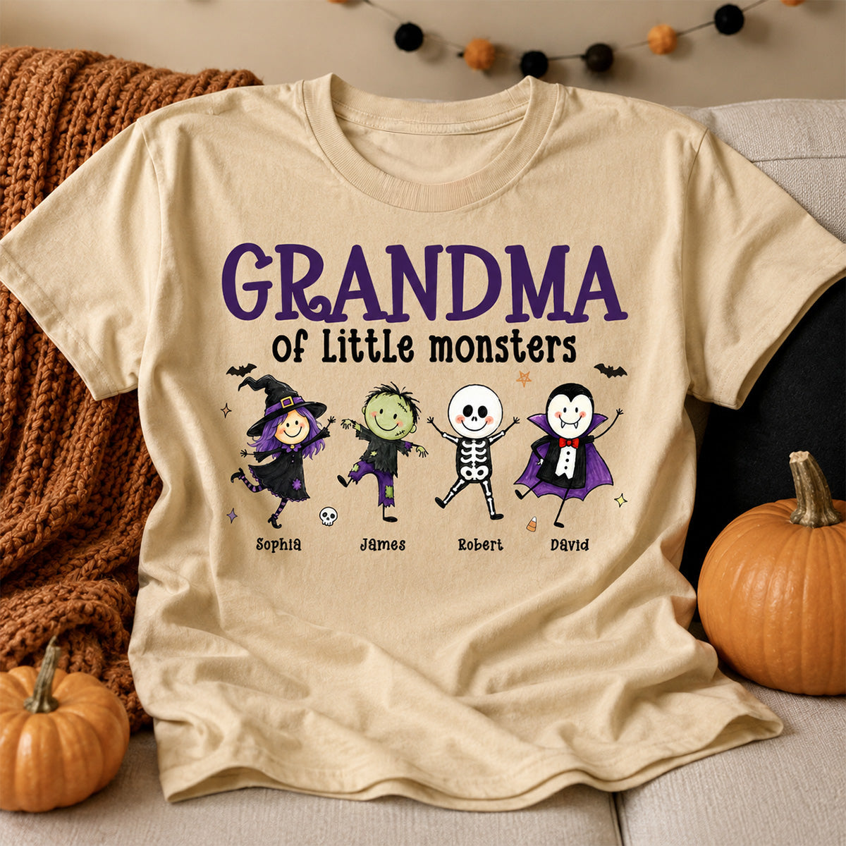 Grandma Mom Of Little Monsters Cute Doodle Characters - Personalized Shirt - Halloween Costume For Mom Grandma