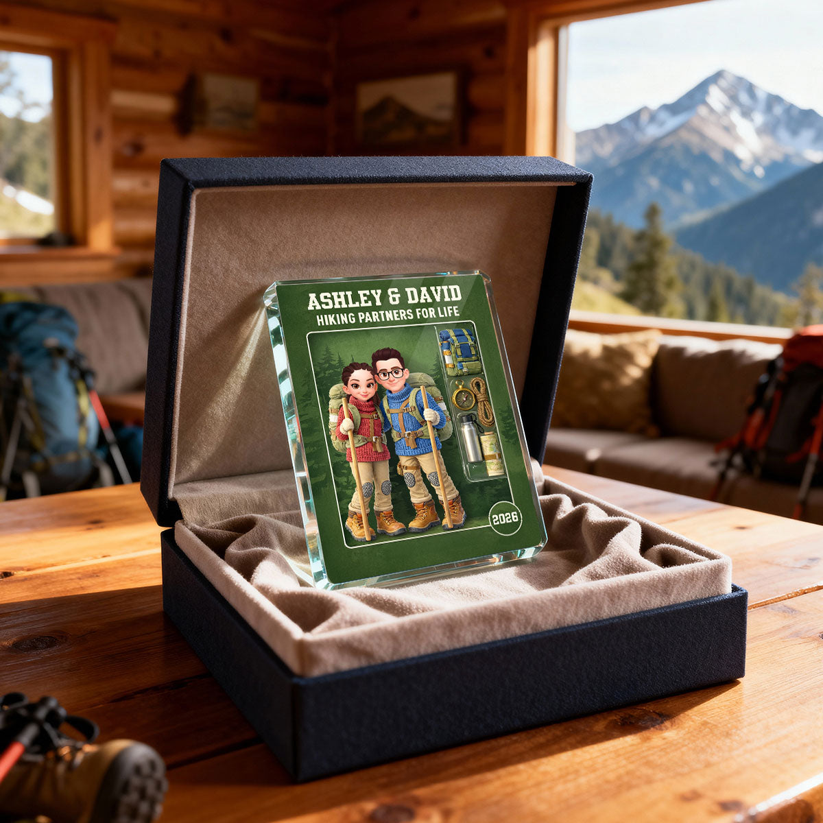 Hiking Couple Action Figure - Personalized Acrylic Block Plaque - Anniversary, Valentine's Day Gift, Gift For Him, Gift For Her