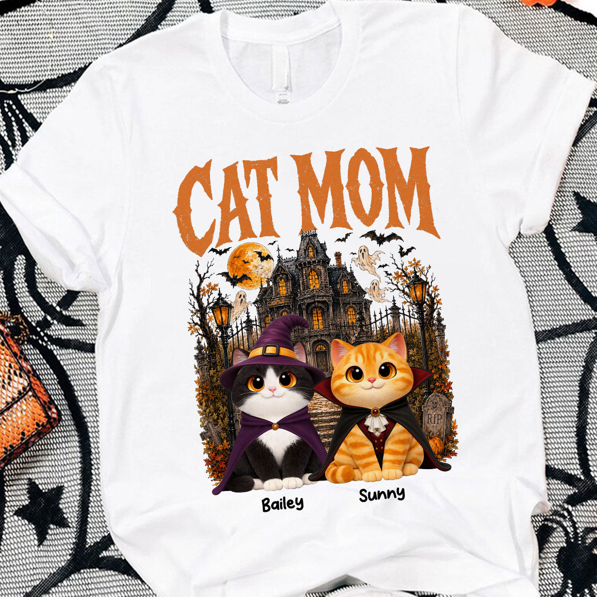 Retro Vintage Halloween Haunted House Cat Mom - Personalized Shirt - Halloween Gift For Cat Lovers